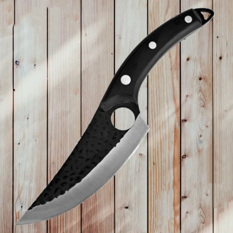Scimitar-style butcher knife with hammer pattern blade and brown leather sheath.