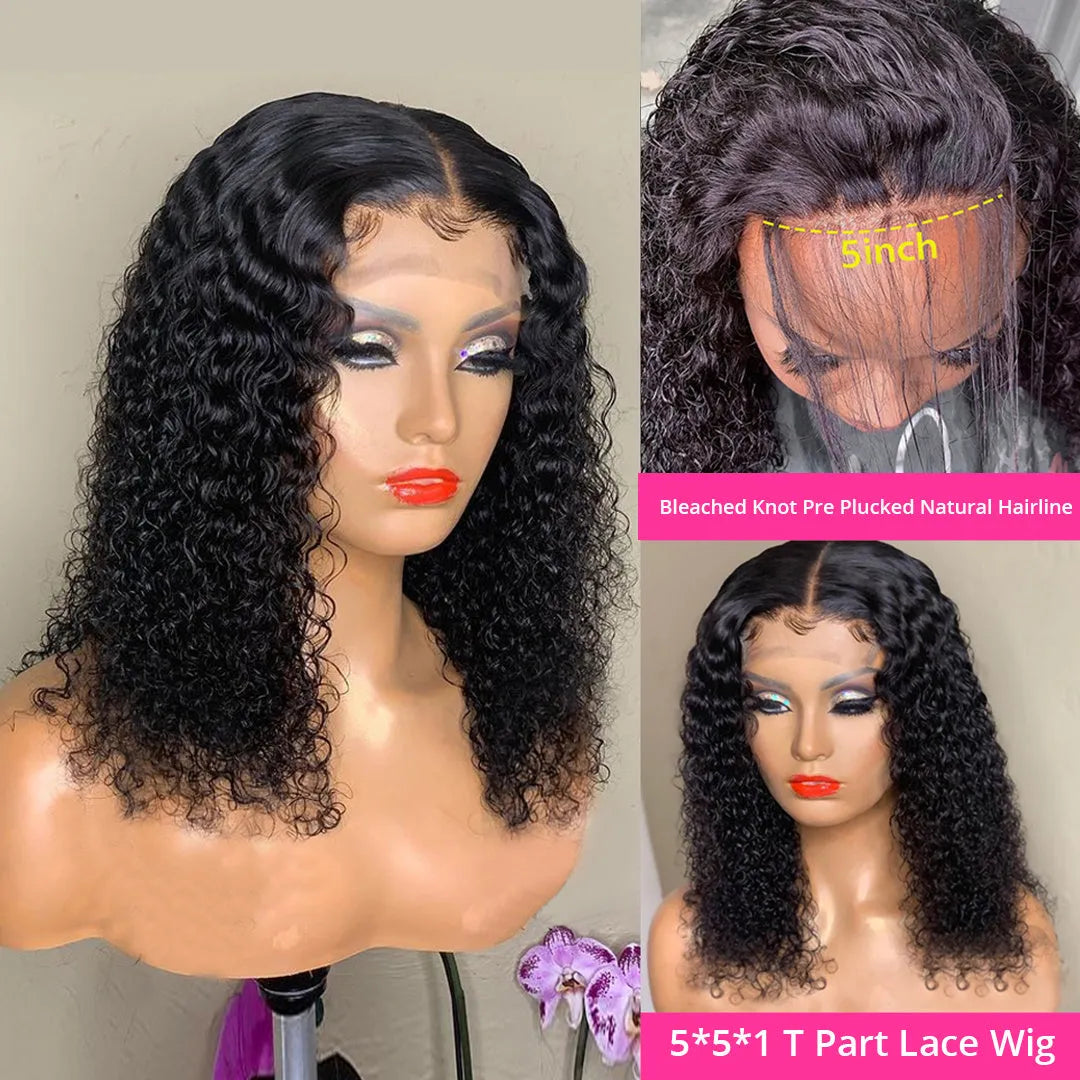 Short Brazilian human hair curly bob wig with lace front, 10A quality, natural black colour