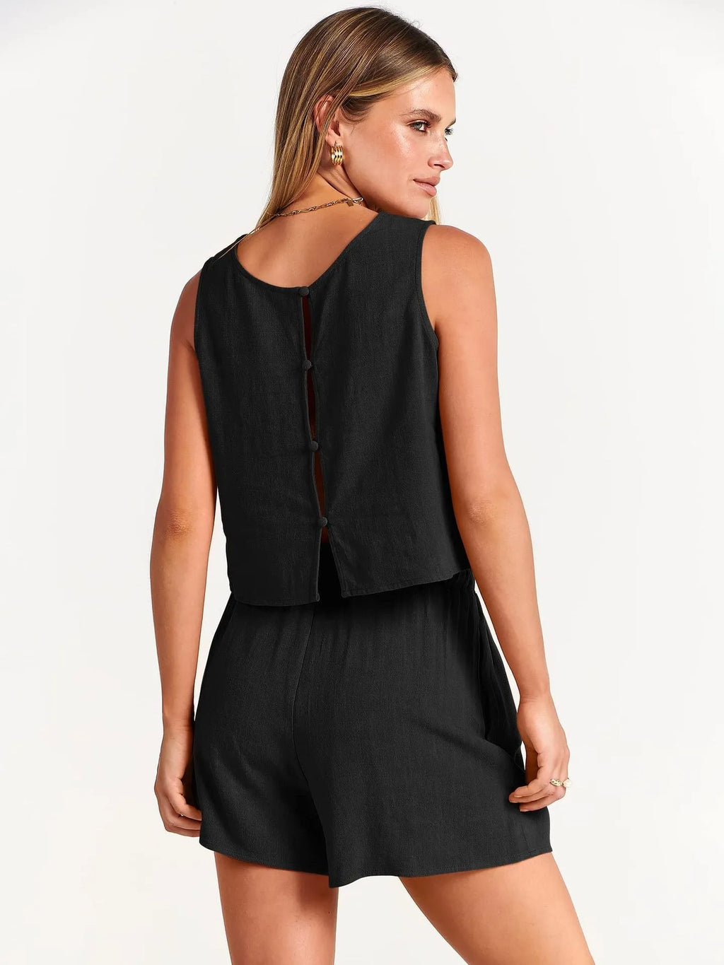 Women's summer sleeveless top and drawstring shorts 2-piece set in rayon-linen blend