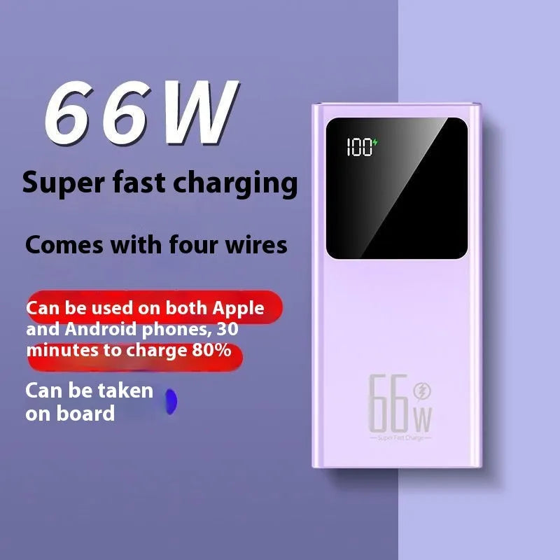 Ultra-thin portable mini power bank in black, white, purple, or blue, 145 x 68 x 15mm, plastic shell, fast charging.