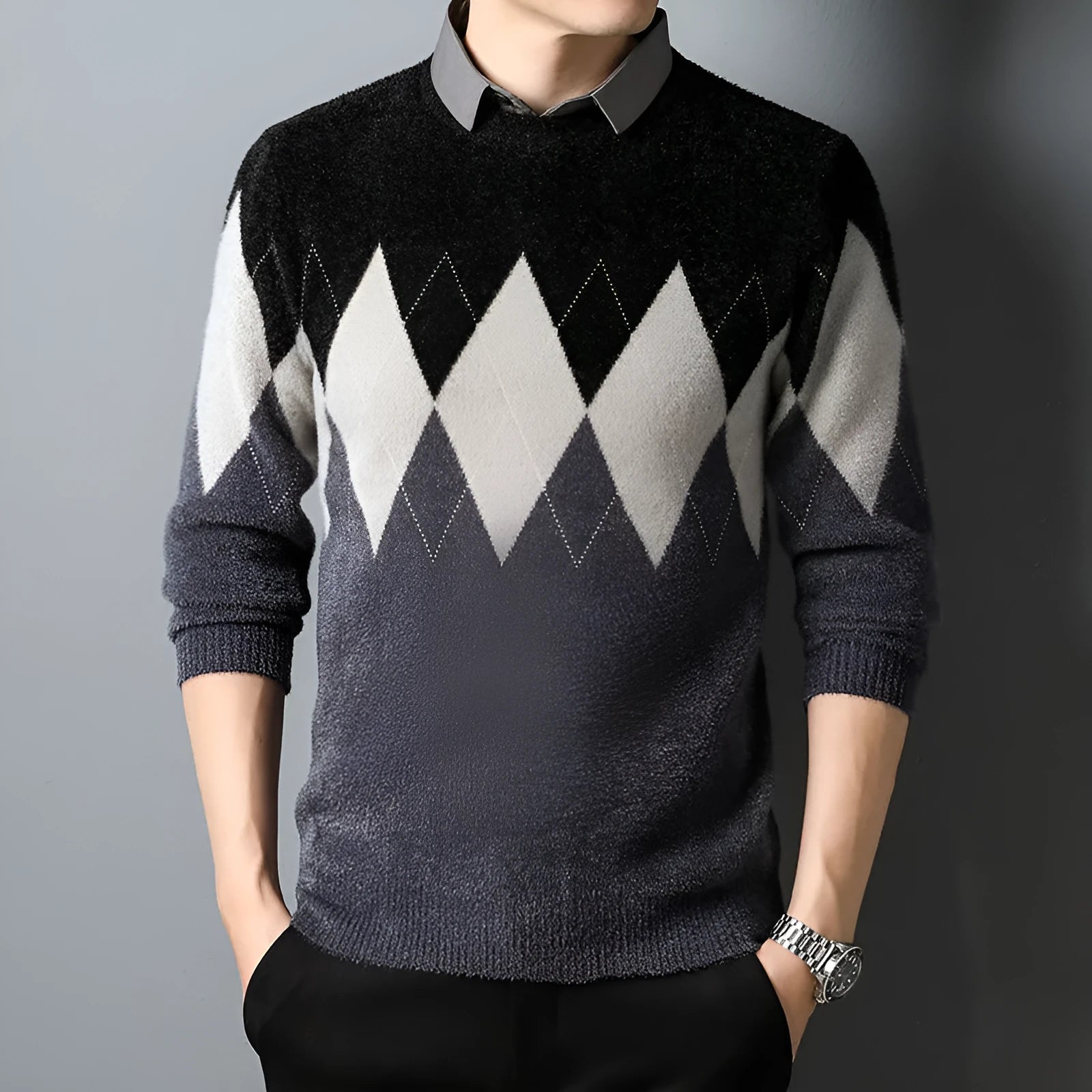 Men's diamond block imitation mink bottoming shirt in camel color for casual leisure wear
