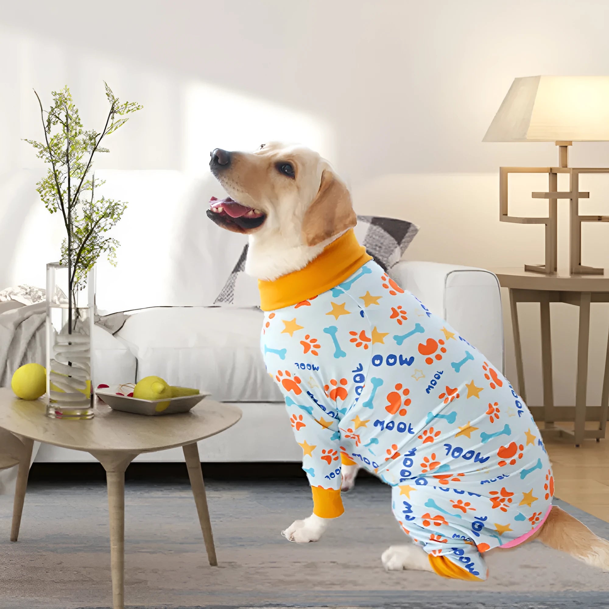 Cotton dog jumpsuit with cute printed design showing front view on mannequin