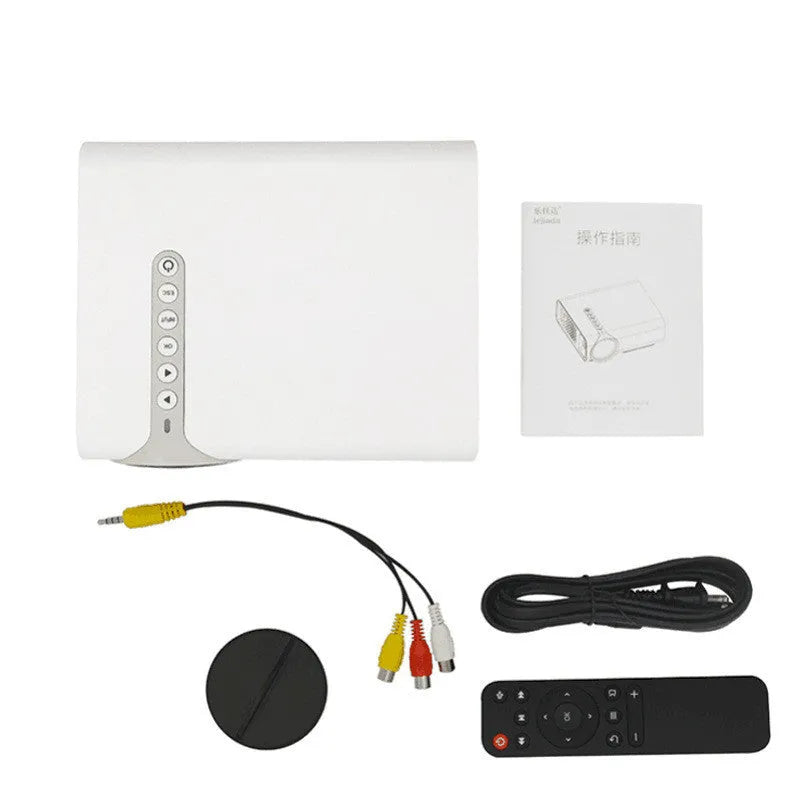 Black YG530 mini mobile phone projector on table projecting image on wall
