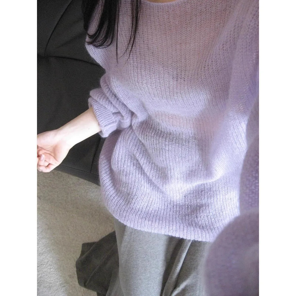 Purple women's hollow out blouse with princess sleeves, made from Ice Silk fabric.