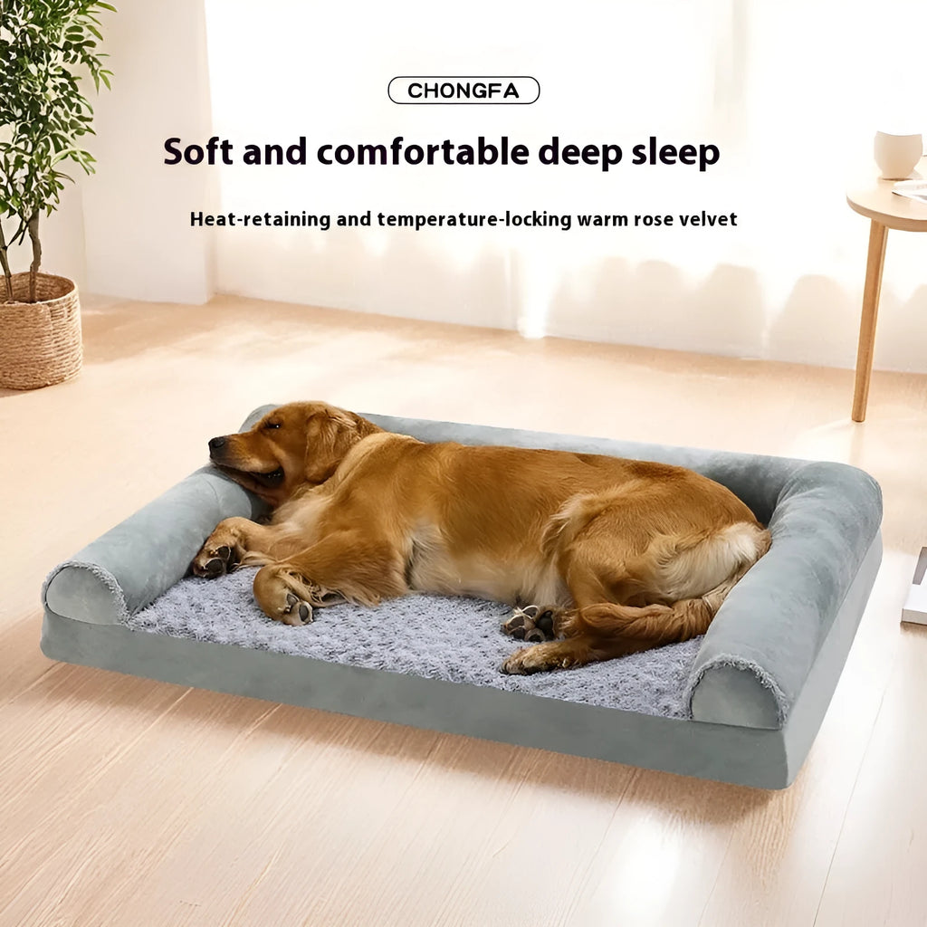 Grey soft-sided dog kennel bed with raised edges, shown in a home setting.