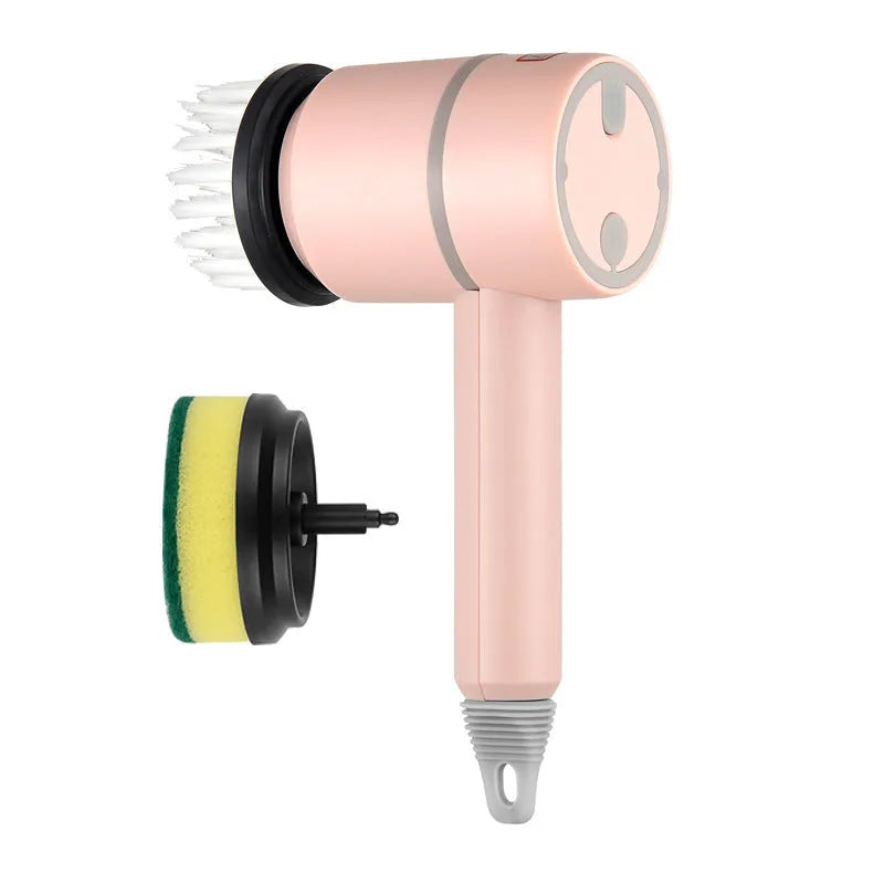 Green electric cleaning brush with three interchangeable scouring pad, brush, and sponge heads on a white background.