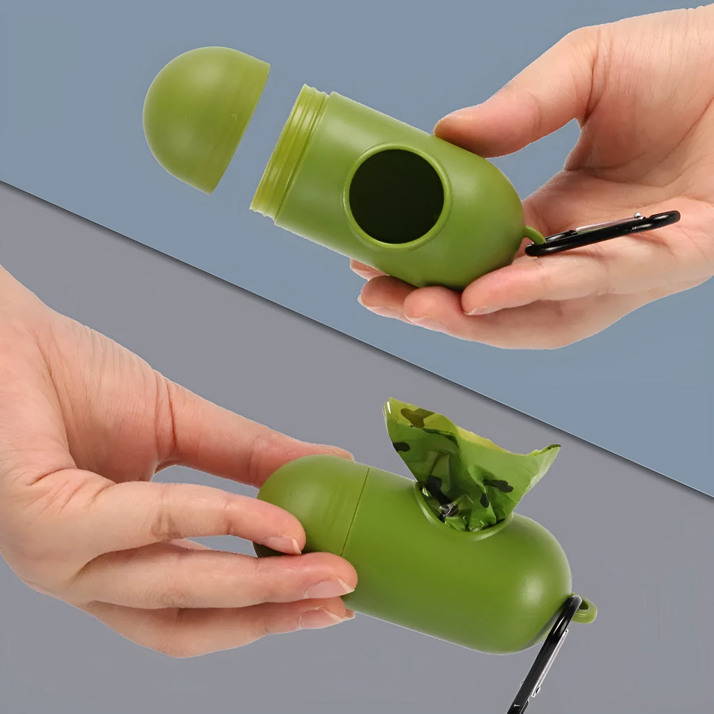 Roll of military green degradable dog poop bags with black bone print, showing bag size of 23x33cm.