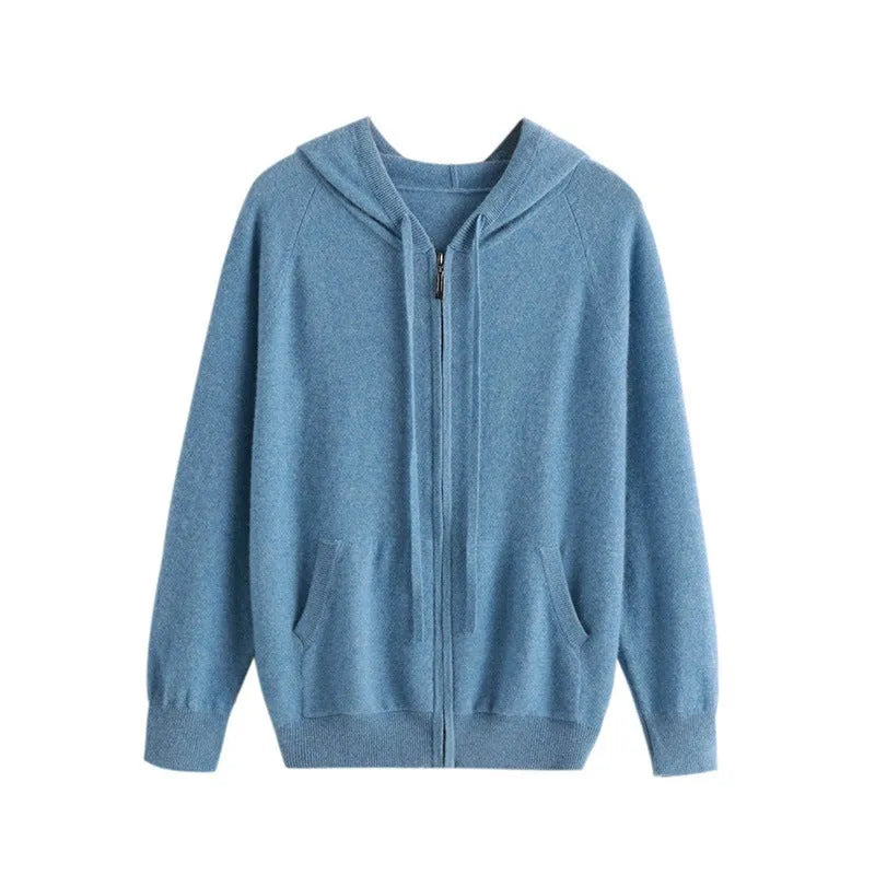 Men's solid colour cashmere hooded cardigan with a full zipper front and long sleeves.