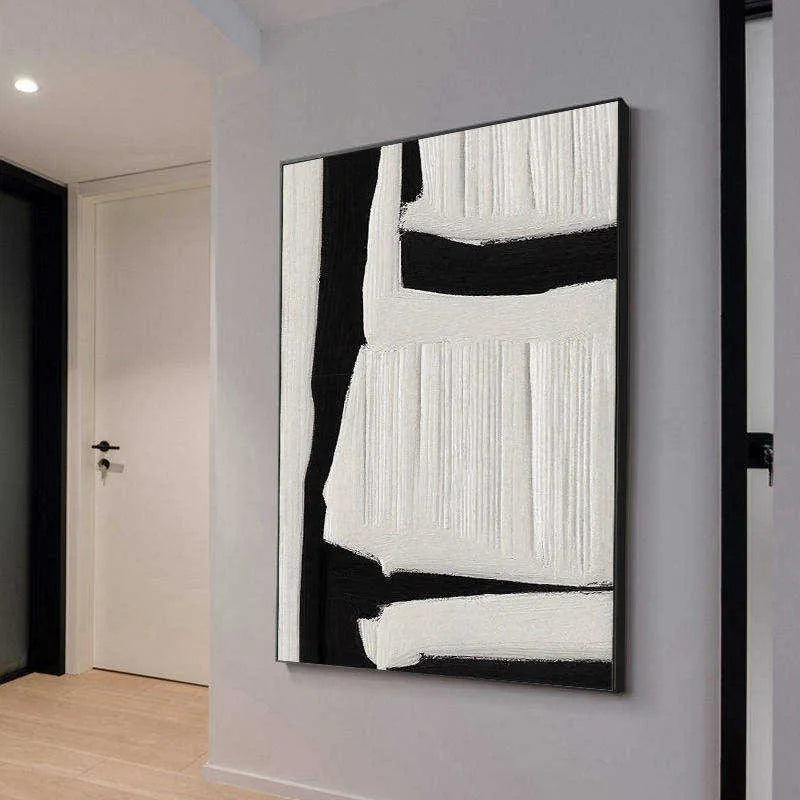 Large abstract hand-painted oil painting on canvas in black, white and beige tones with textured surface