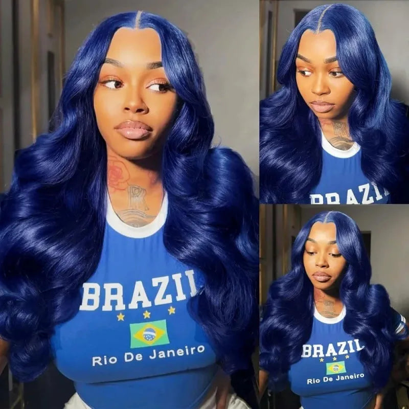 Women's dark blue wavy curly lace front wig with big wavy curls on a mannequin head