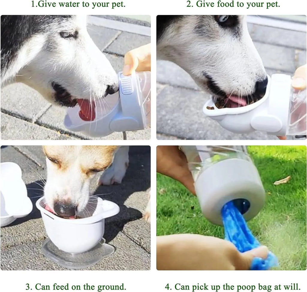 Green 3-in-1 portable pet water bottle with bowl, food container, and bag dispenser attached to a strap.