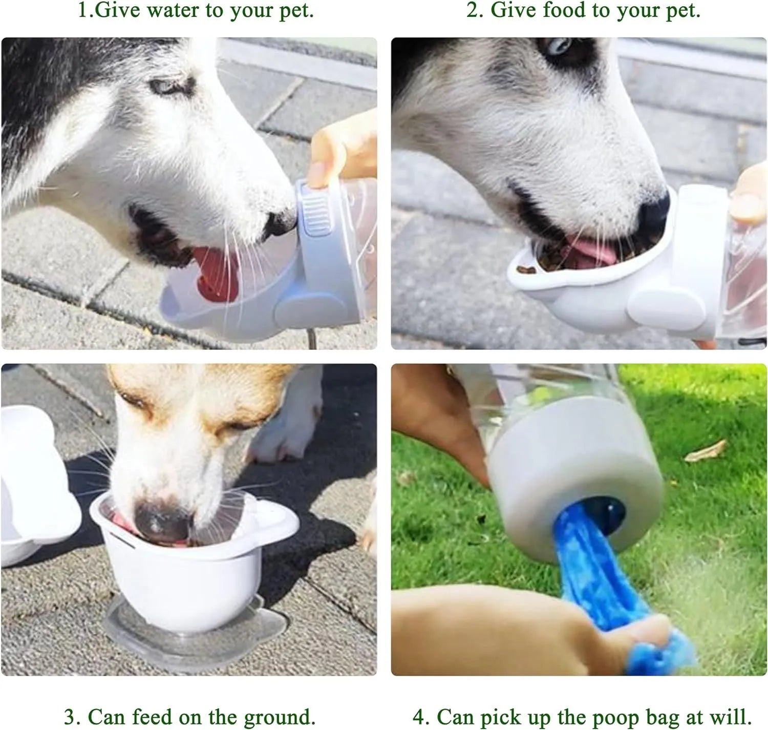 Green 3-in-1 portable pet water bottle with bowl, food container, and bag dispenser attached to a strap.