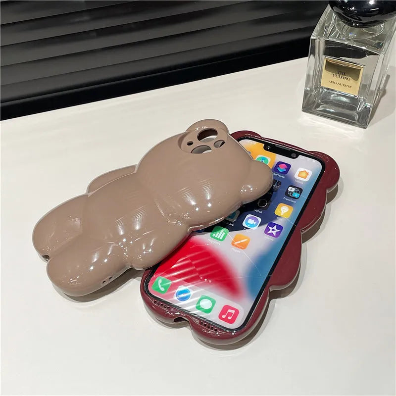 Silicone anti-fall phone case with cute three-dimensional bear design for iPhone, khaki colour