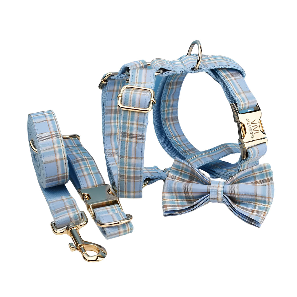 Sky blue grid pattern dog collar, leash, vest, and bow set laid out on a white background.