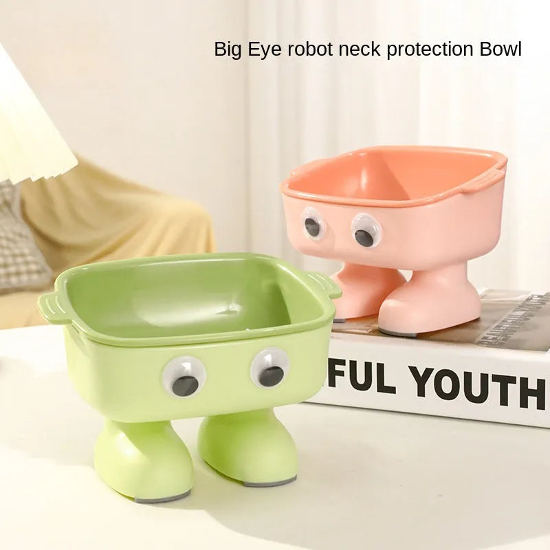 Green robot-shaped elevated cat bowl with tilted design and detachable inner section