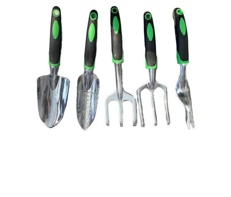 9-piece green aluminium alloy garden tool set with silicone two-colour handles for nursery seedling cultivation