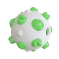 Blue dog teething chew ball with textured bumps and hollow treat compartment.