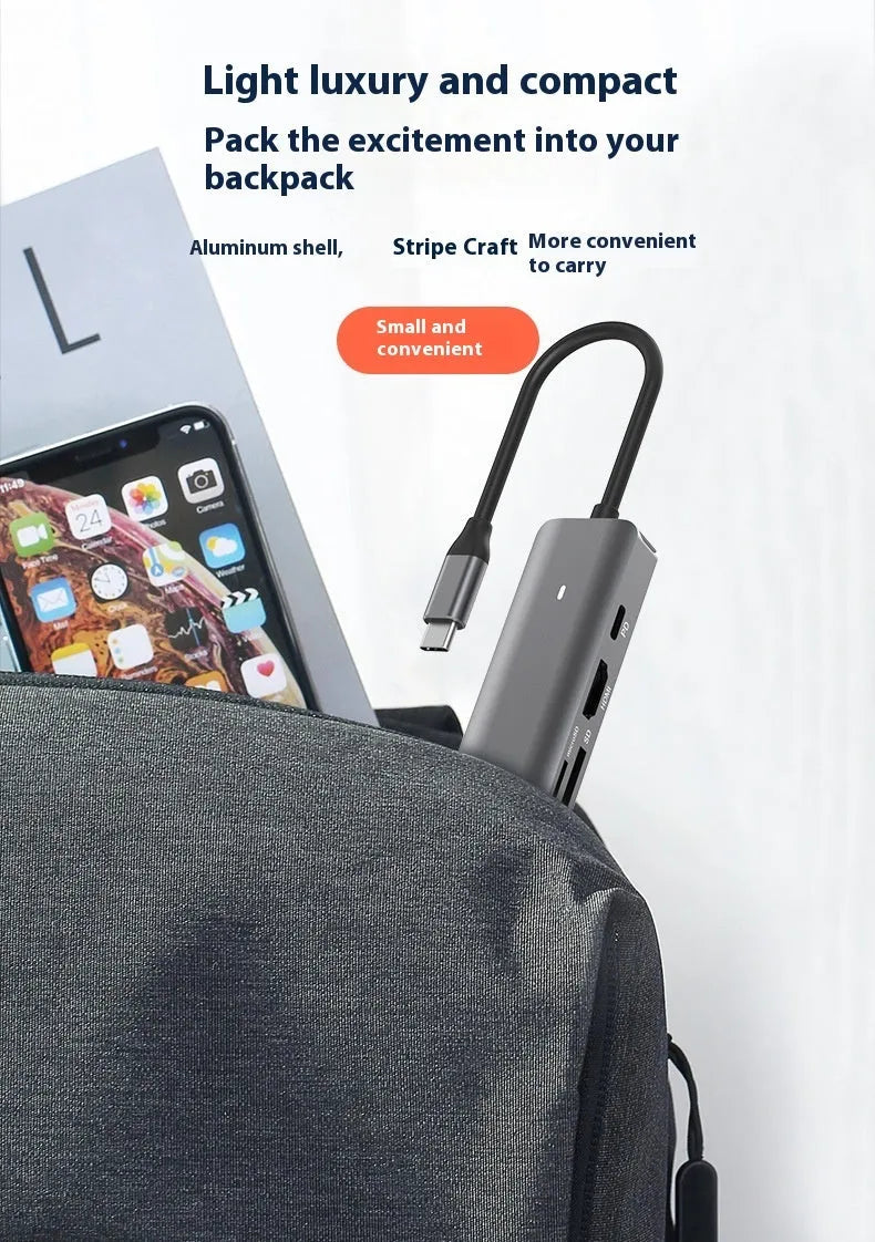 LQT-LH07 7-in-1 USB-C card reader and computer hub with multiple ports.