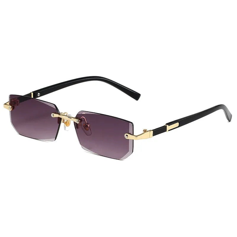 Women's rimless sun glasses with gold frame and brown lens, asymmetric design