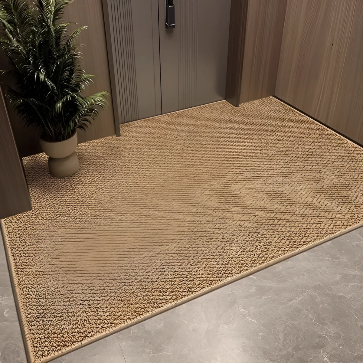 Woven polypropylene floor mat in camel, square shape, non-slip, available in sizes from 20x30cm to 140x200cm