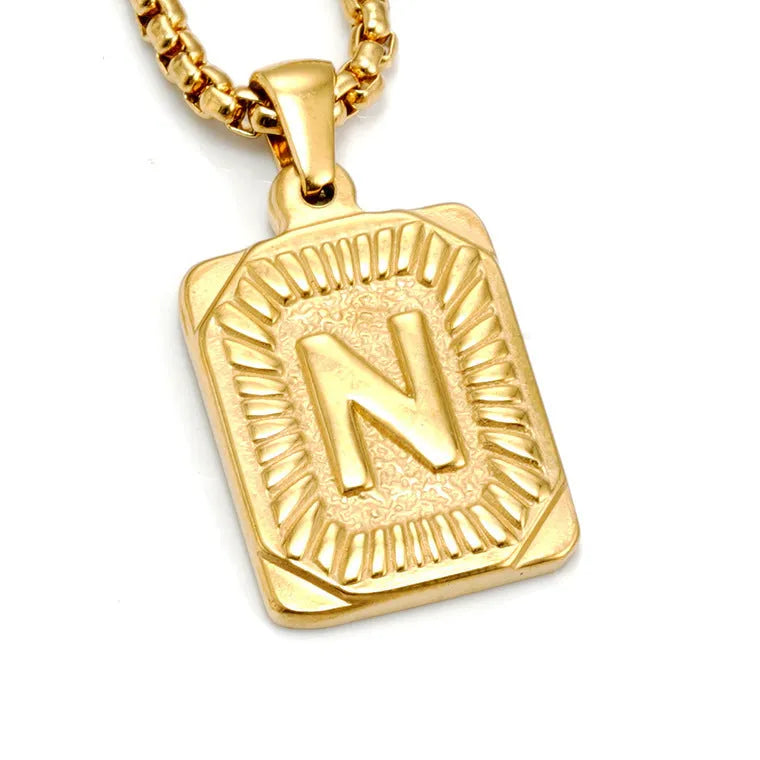 Gold-plated 18K titanium steel letter pendant necklace on a pearl chain, unisex design, gold colour