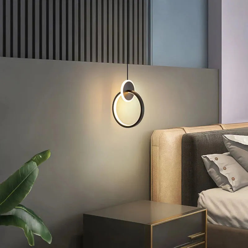 Modern black double-ring Nordic LED chandelier pendant light with adjustable cord