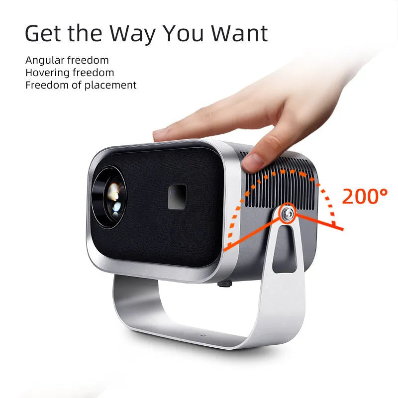 Home HD portable projector with bracket, 1280x720 resolution, and remote control on a table