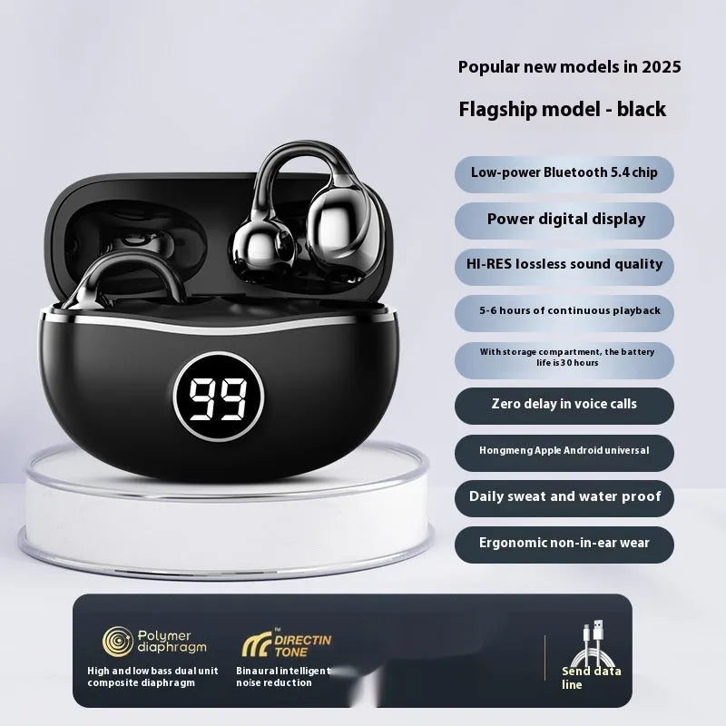 D151 wireless bone conduction headset in black with digital display and blue light, placed on a reflective surface