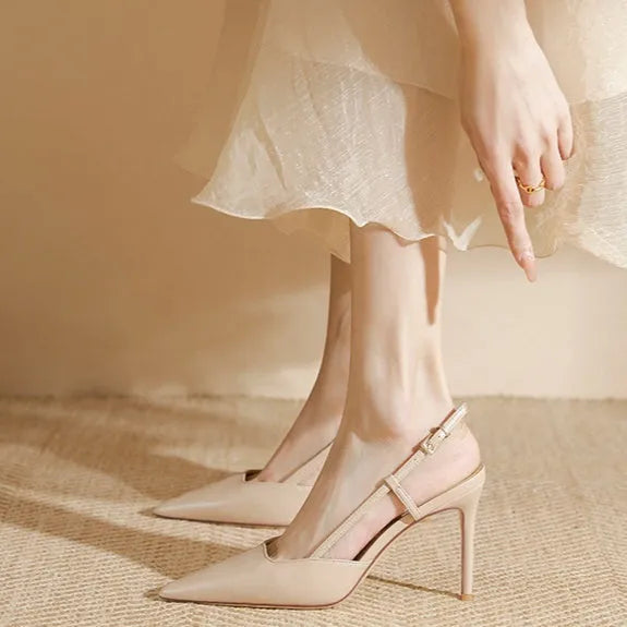 Women's apricot buckle strap high-heeled sandals showing adjustable strap and thin belt design