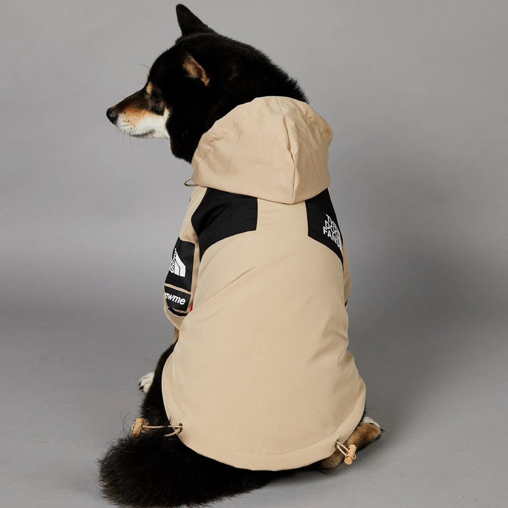 Khaki coloured polyester dog shell jacket laid flat, showing simple coat design for sizes S to 5XL.