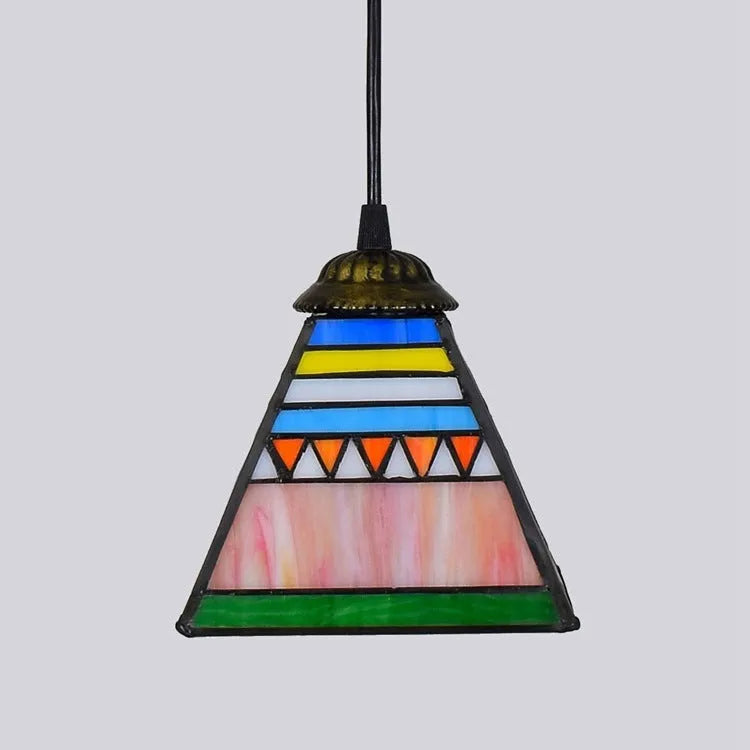 Art stained glass droplight chandelier with coloured glass shade and iron ceiling plate
