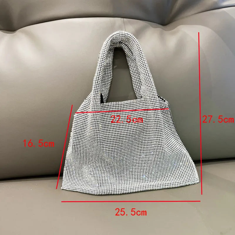 Silver evening handbag with shiny rhinestones and open pocket design made from cotton thread