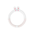 Plush cartoon animal steering wheel cover with embroidery, shown fitted on a car wheel.