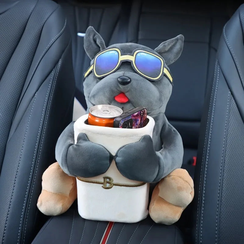 Car tissue box with plush fabric and dog designs hanging from vehicle armrest