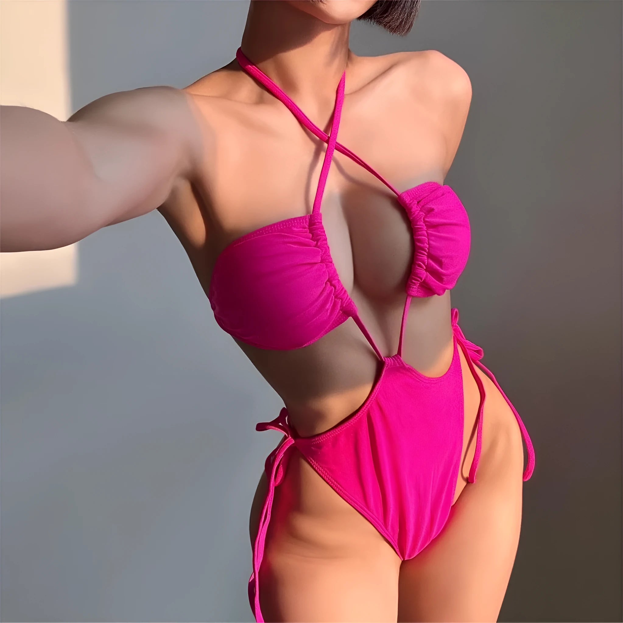 Women's adjustable drawstring one-piece swimsuit in nylon fabric showing front tie detail