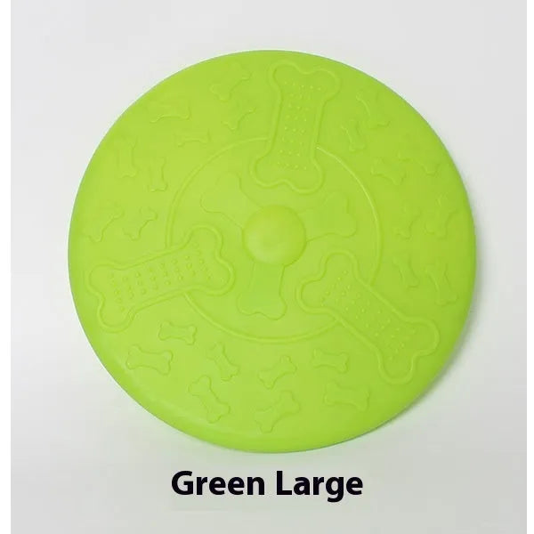Plastic dog Frisbee disc in green colour, large size, for outdoor fetching and chewing.