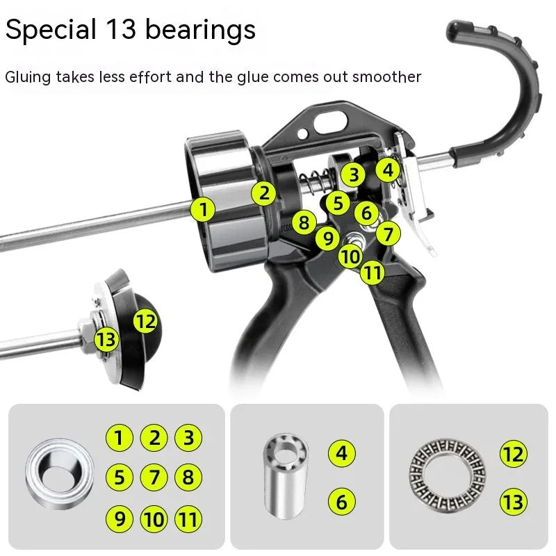 Aluminium alloy automatic adhesive breaking glass glue gun with 13 bearing structure.