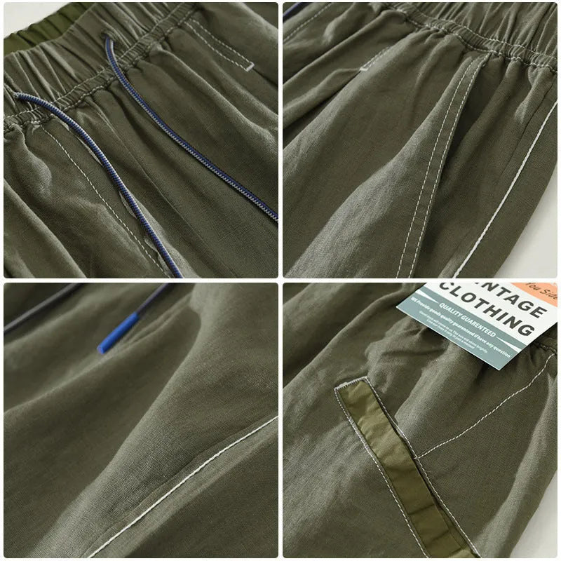 Men's loose fit linen shorts in green on a hanger, showing straight leg and drawstring waist.