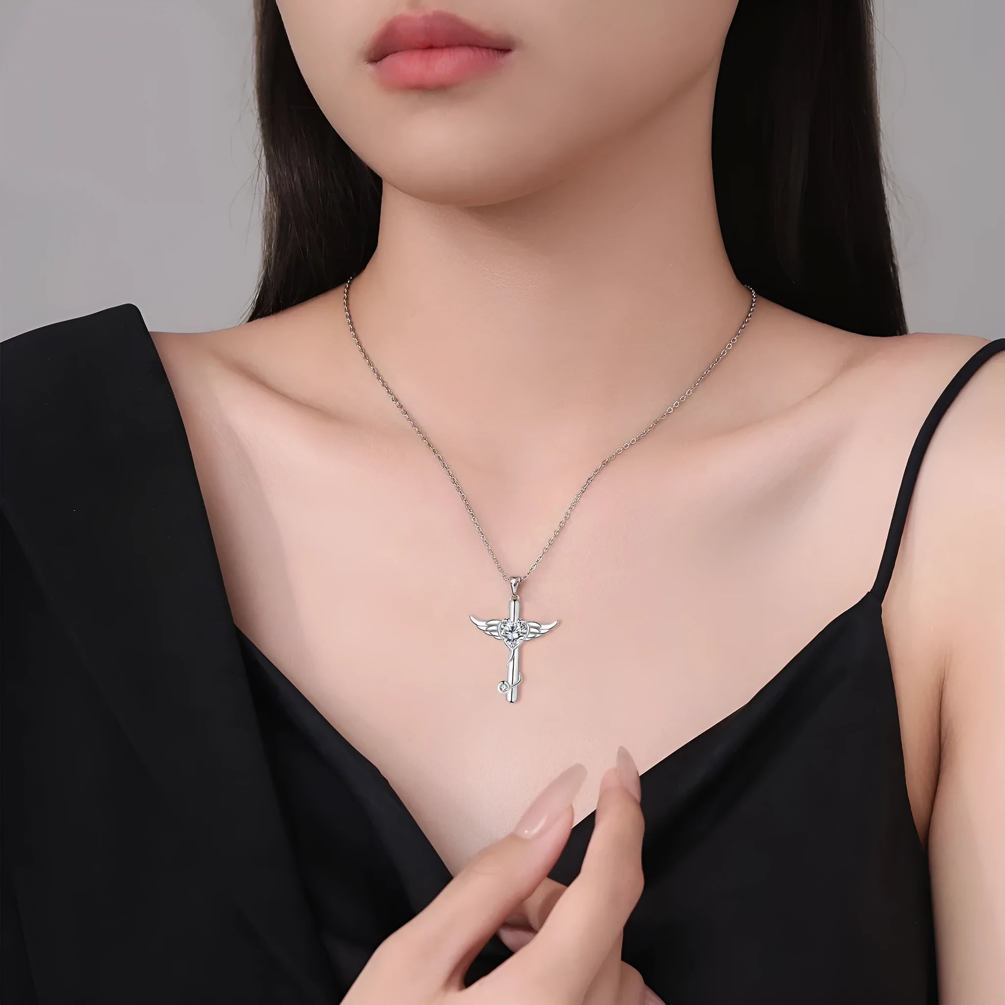 Cross stethoscope necklace with wings pendant in electroplated copper with White Diamond or Red Diamond finish