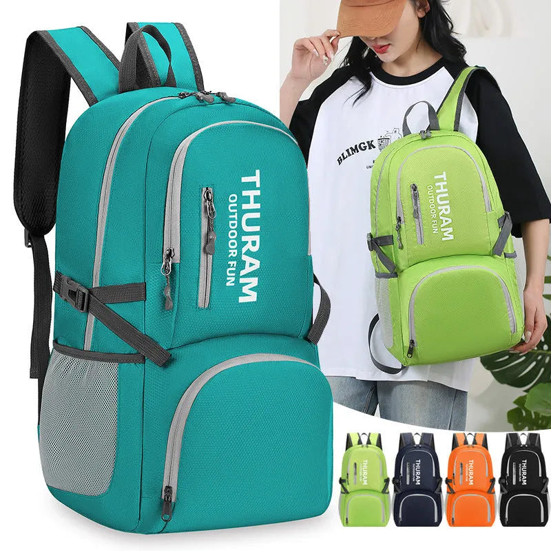 Dark blue folding outdoor backpack with straps, showing its large capacity and air pillow belt.