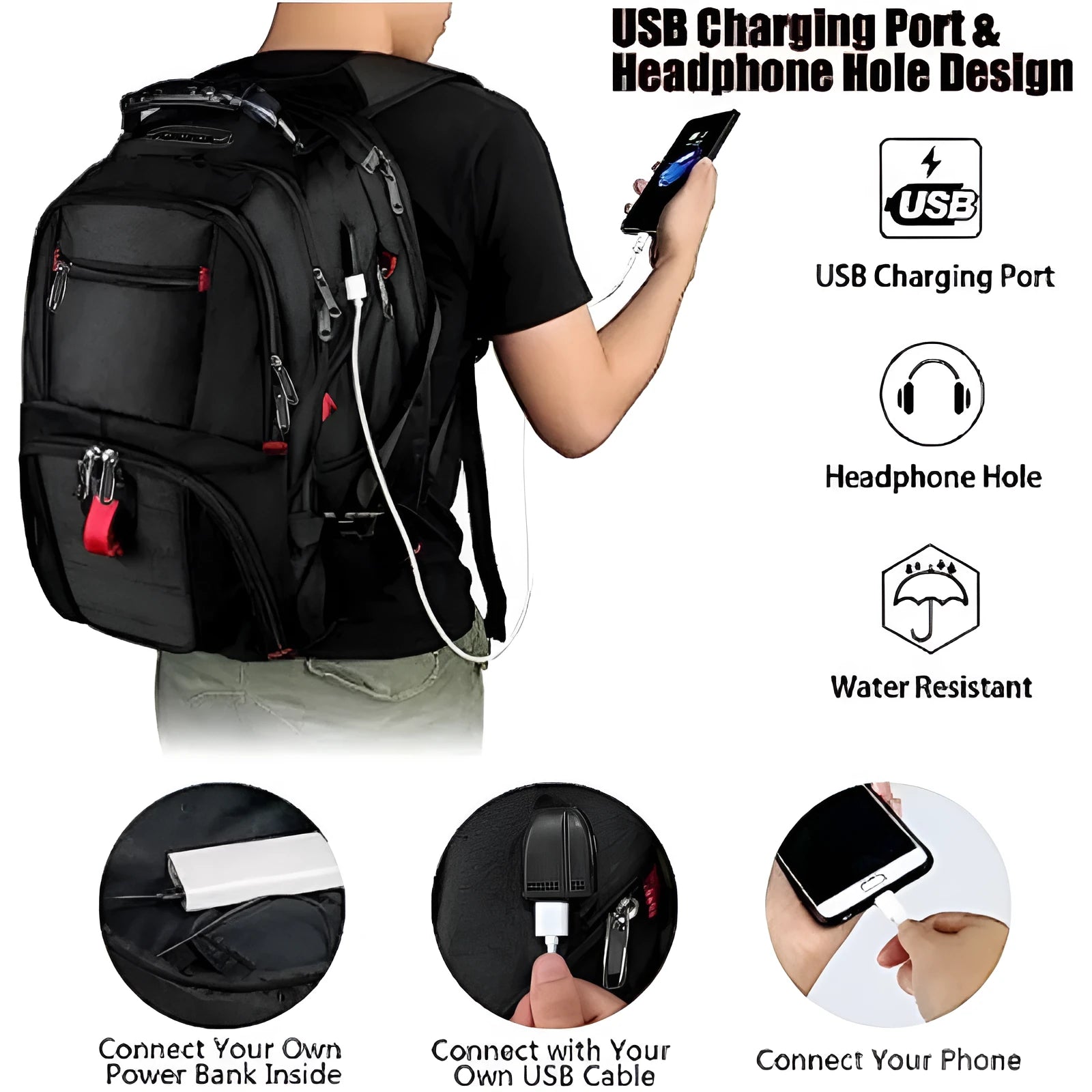 Large black USB charging backpack with curved shoulder straps showing external USB port and Oxford cloth texture