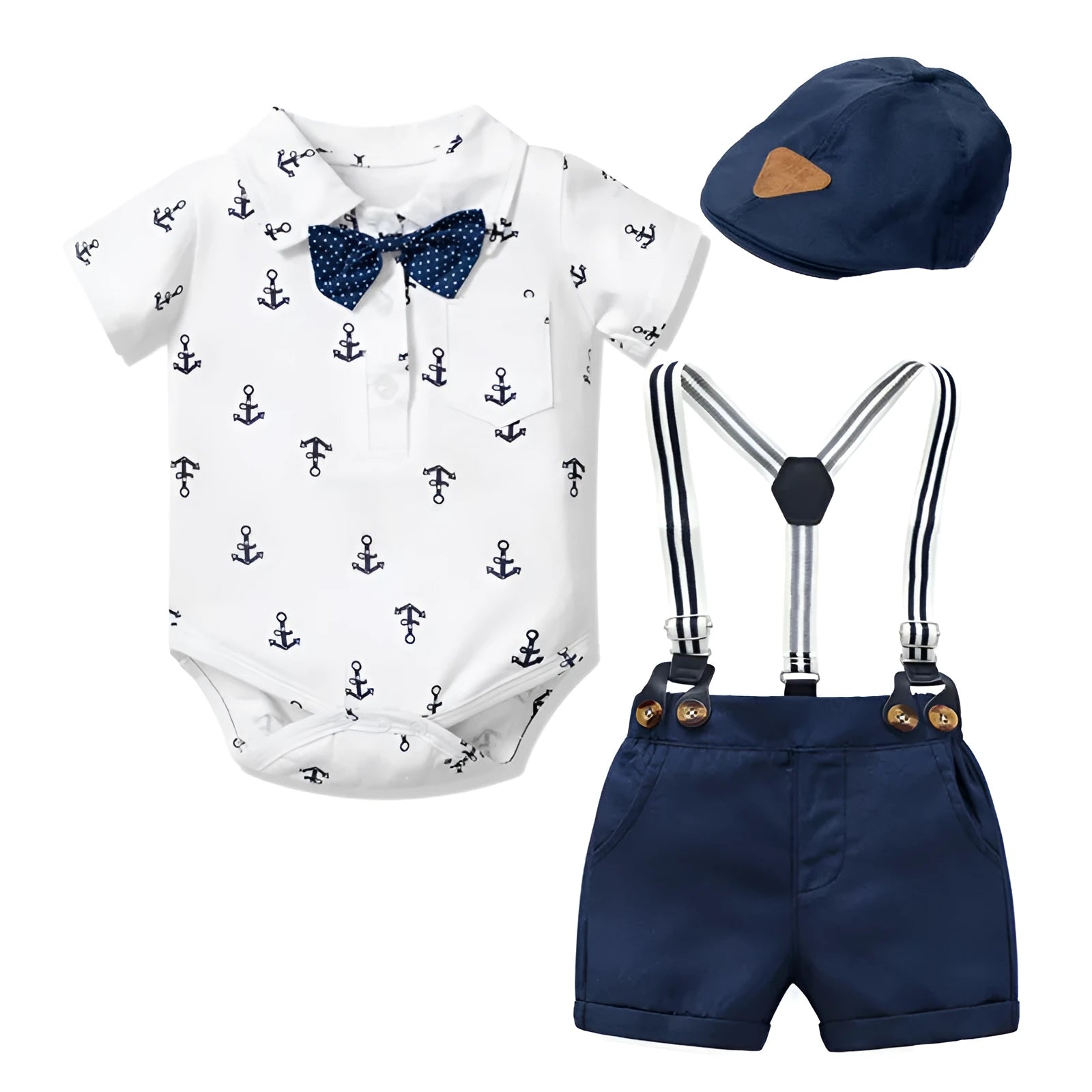 Baby boy cotton romper with triangle climbing design in blue or white colours