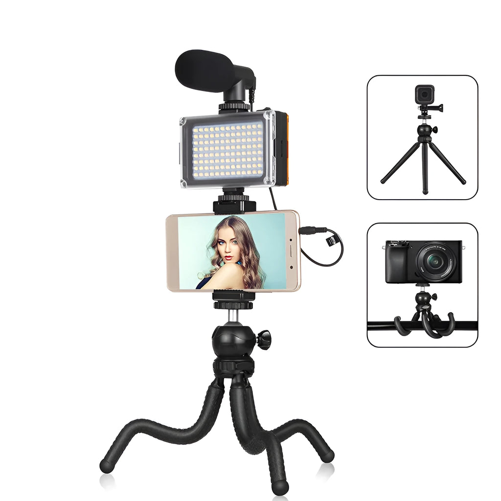 Black Octopus Yripod live broadcast kit with flexible legs and fill light microphone for iPhone compatibility