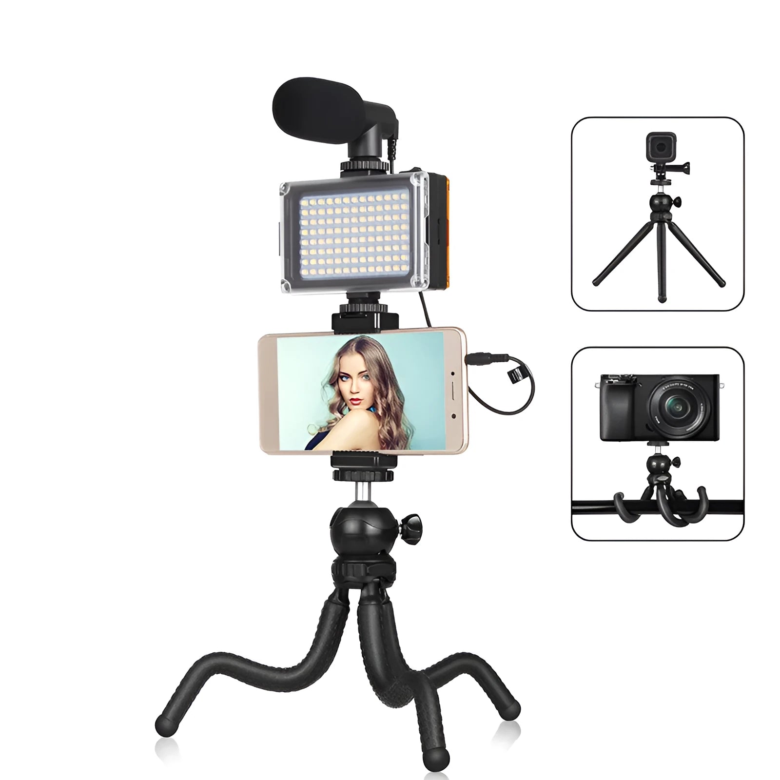 Black Octopus Yripod live broadcast kit with flexible legs and fill light microphone for iPhone compatibility