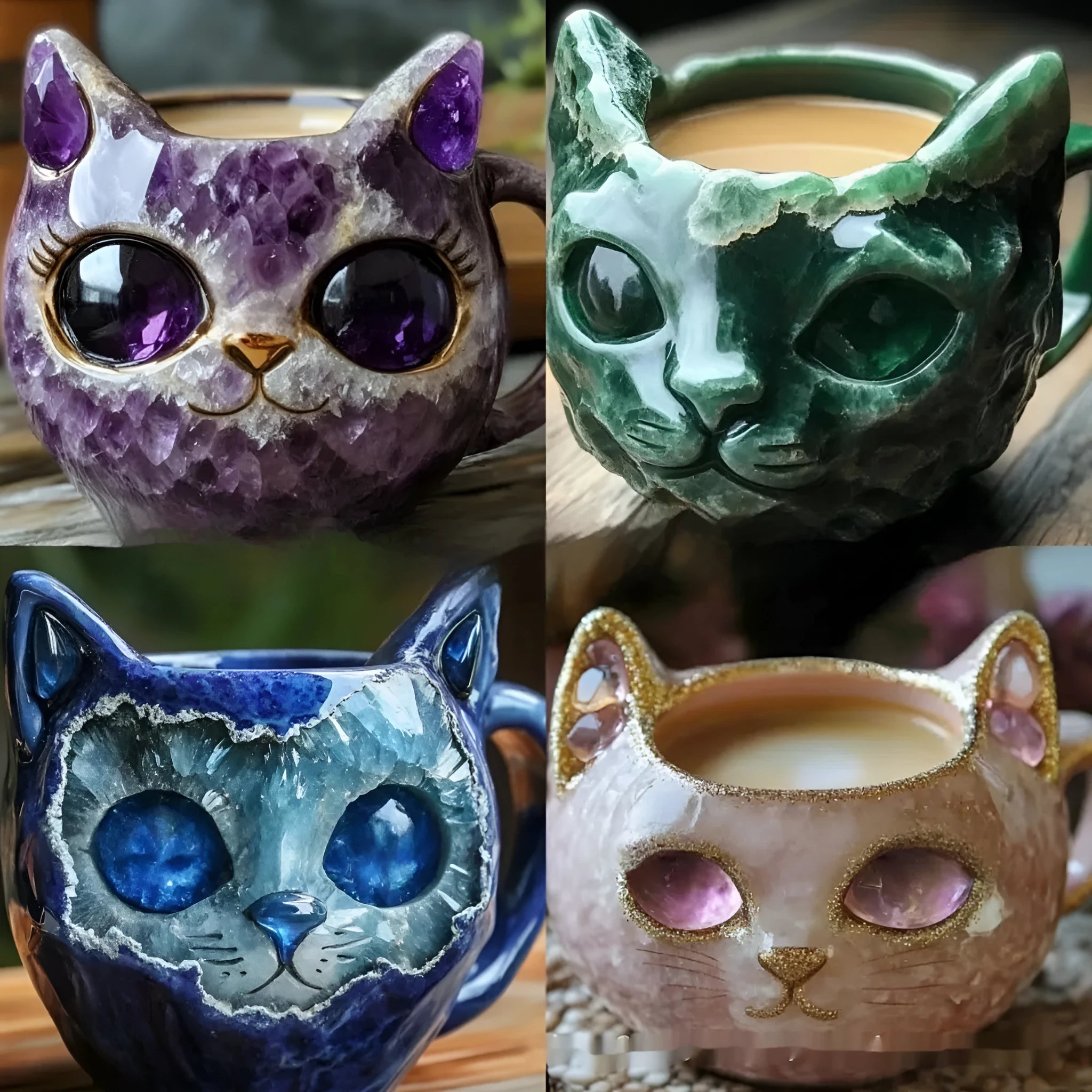 Pastel coloured geode style resin mug with a cat design, shown in purple.