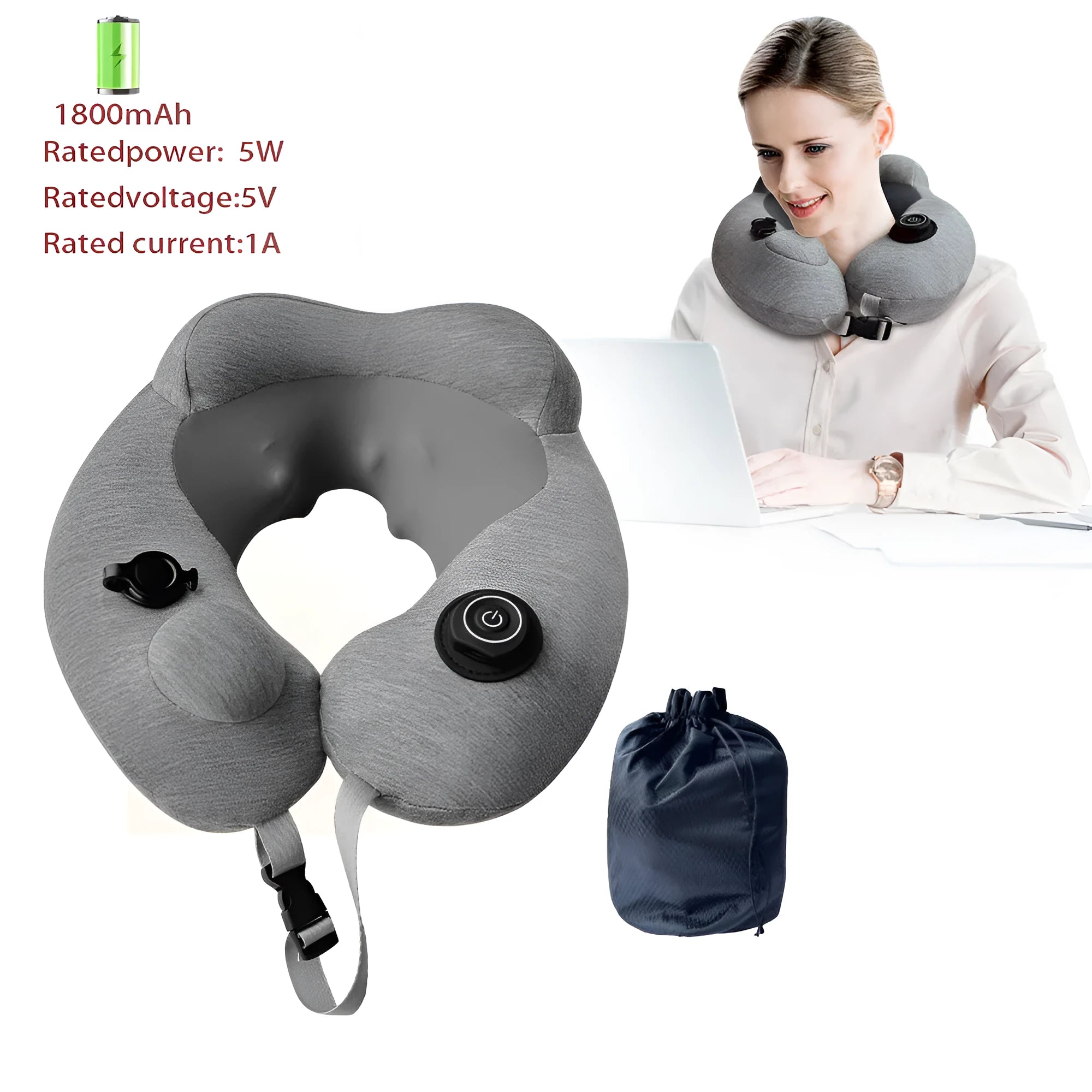 Gray inflatable U shape neck massager pillow with kneading 3 modes, deflated on a table with carry bag and USB cable