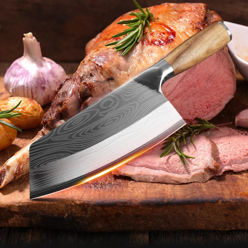 320mm long stainless steel kitchen knife with a 40cr13 steel blade showing its full length and profile.