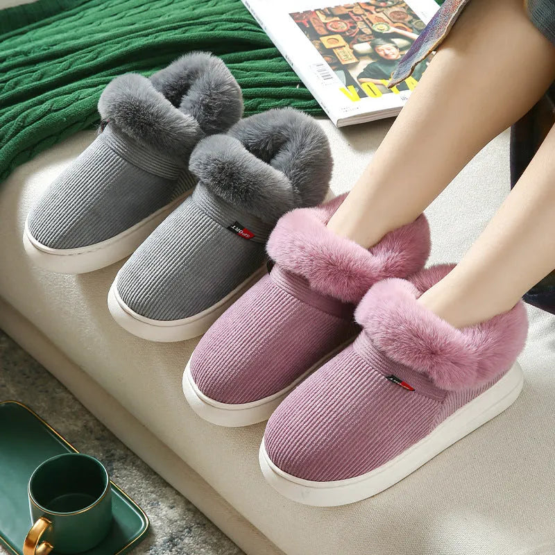 Plush corduroy house slippers for men and women with warm fleece lining and PVC sole, in Coffee, Grey, Pink, or Purple