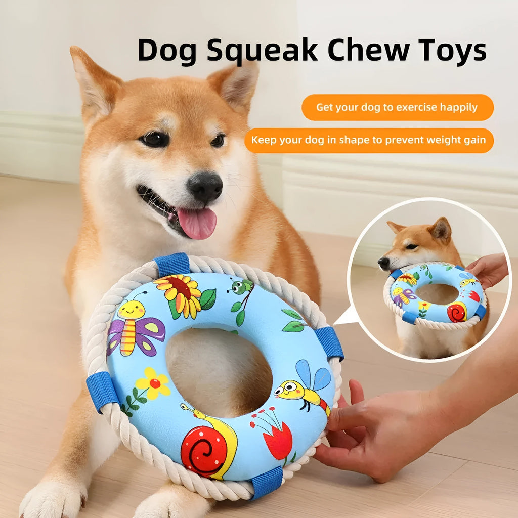 Yellow fish design dog pull ring toy with squeaker for fetch games, 25cm diameter