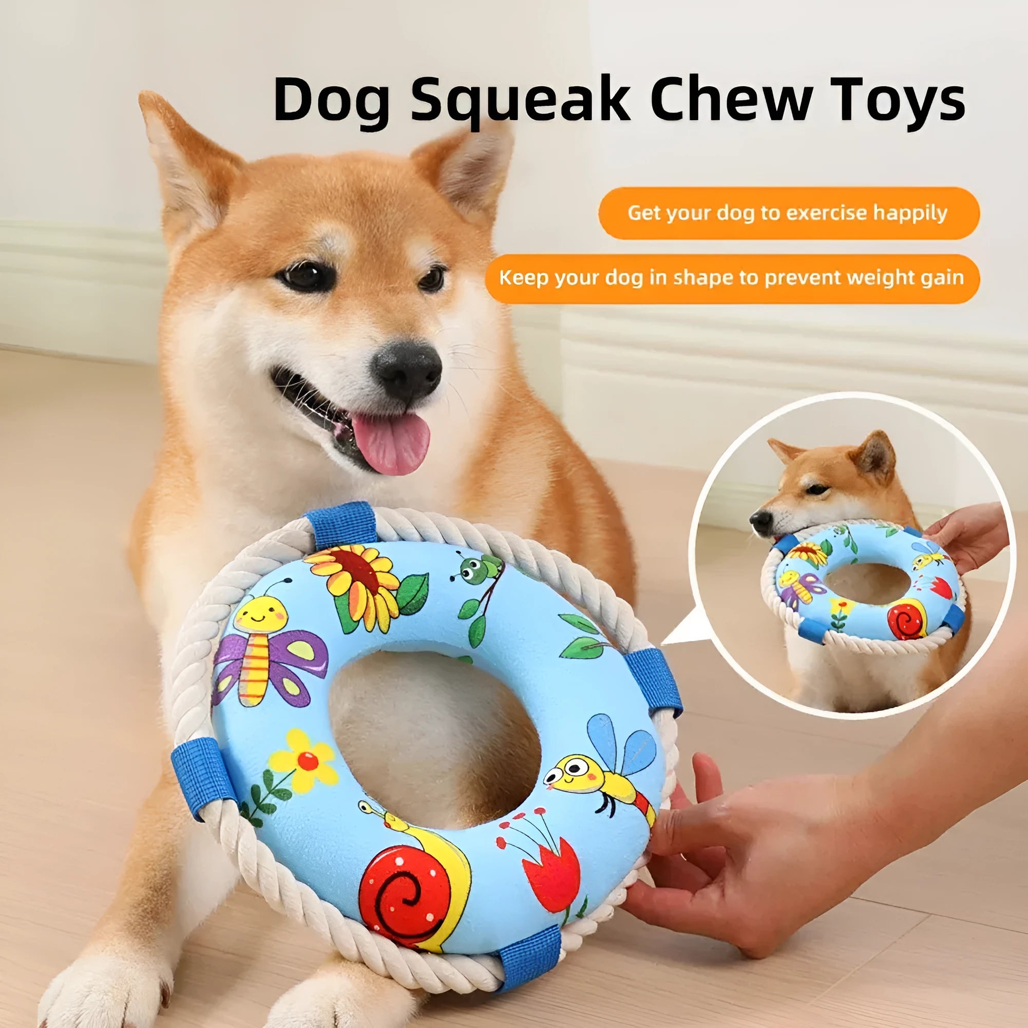 Yellow fish design dog pull ring toy with squeaker for fetch games, 25cm diameter